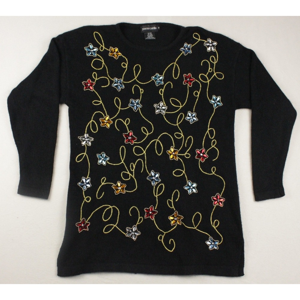 Vintage Pierre Cardin 80s Oversized‎ Tunic Sweater Black Beaded Angora Silk S